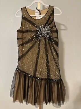 RED Valentino Black and Tan Beaded Tulle Mini Dress. VINTAGE